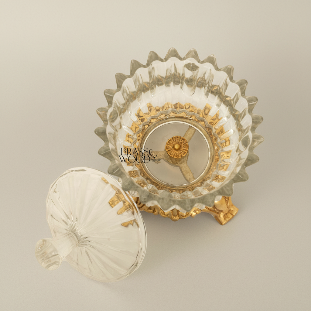 Rococo Ribbed Glass Bonbonniere with Ornate Brass Base — Gold