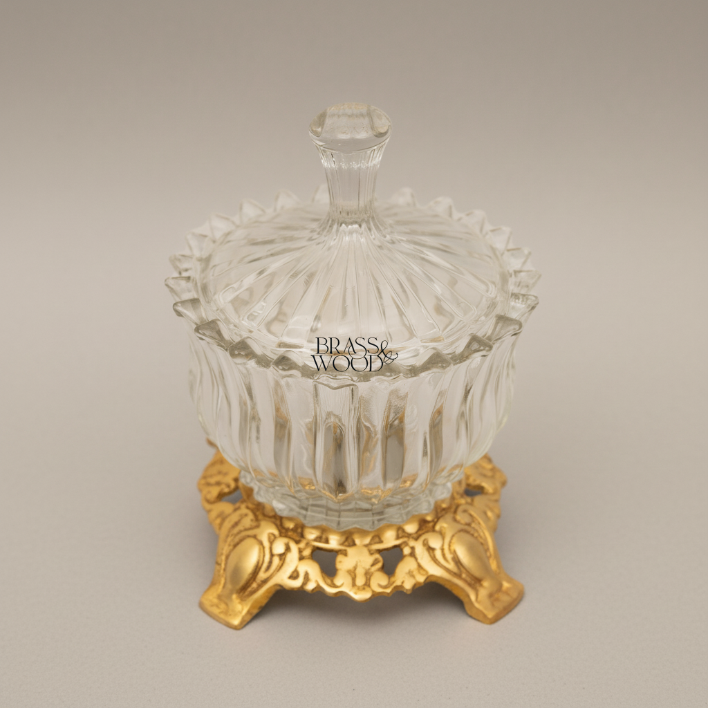 Rococo Ribbed Glass Bonbonniere with Ornate Brass Base — Gold