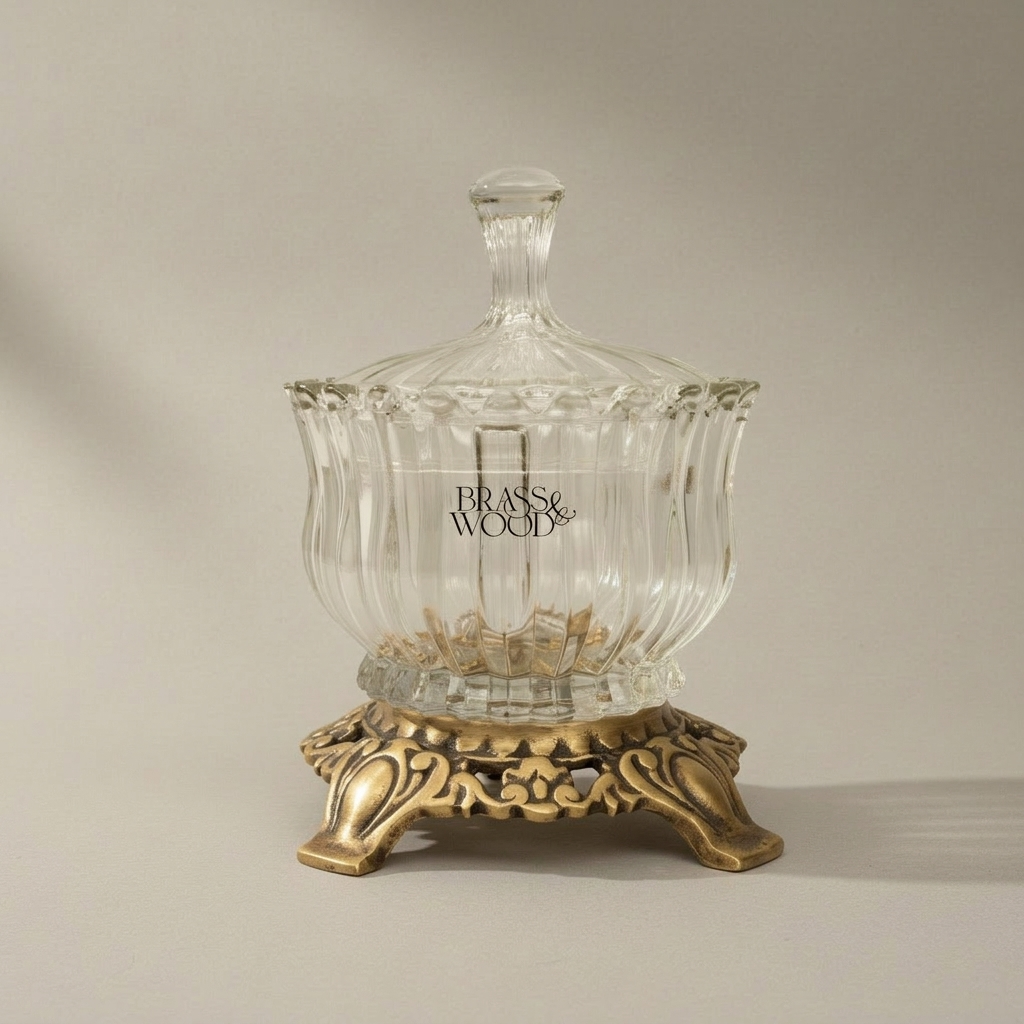 Rococo Ribbed Glass Bonbonniere with Ornate Brass Base — Antique Gold