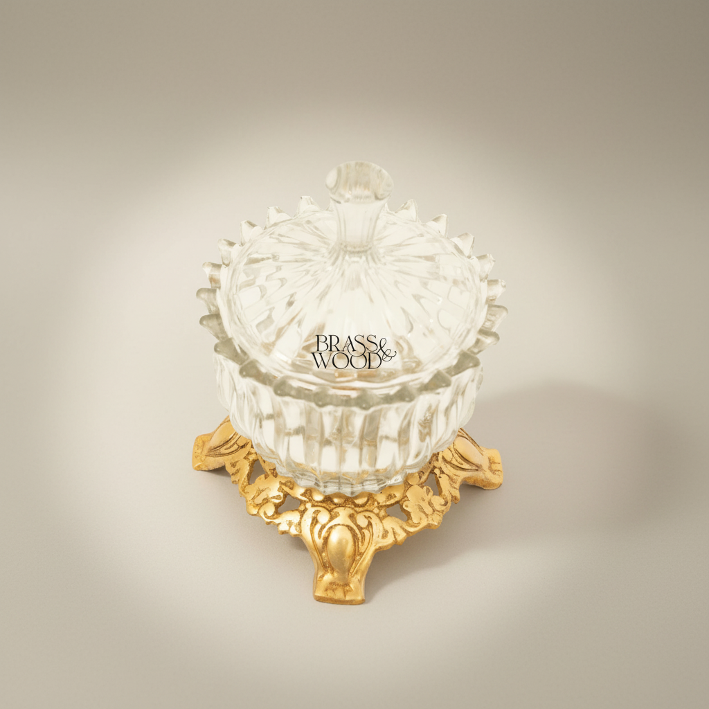 Rococo Ribbed Glass Bonbonniere with Ornate Brass Base — Gold