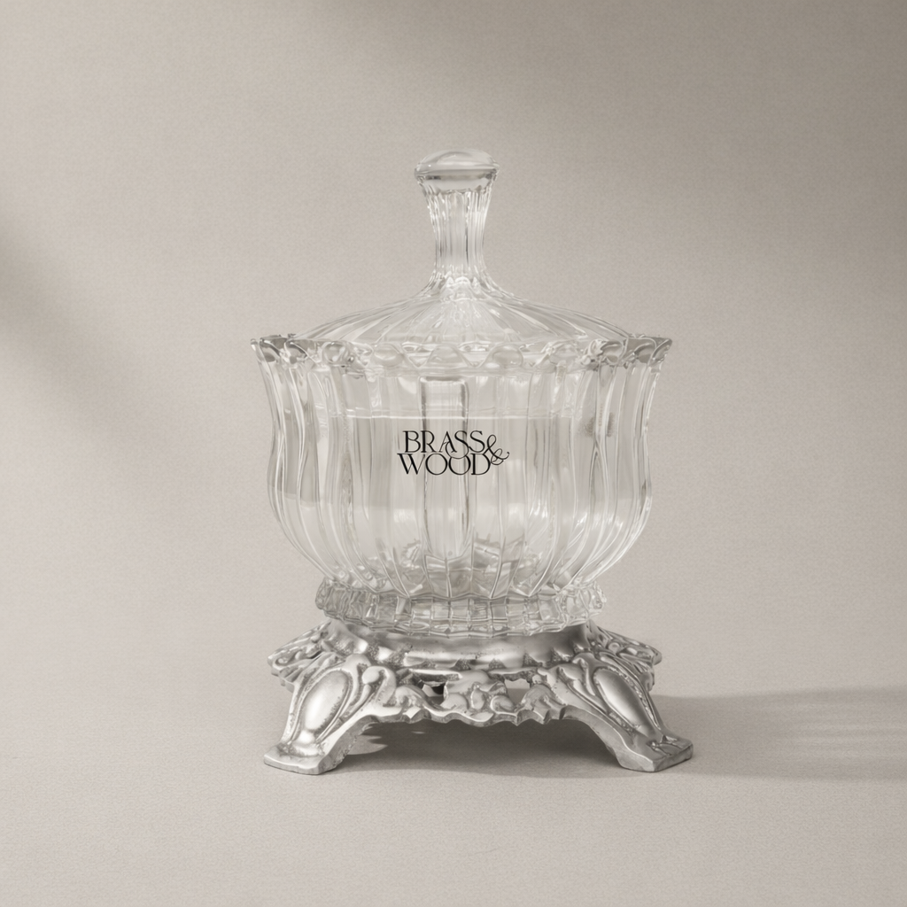 Rococo Ribbed Glass Bonbonniere with Ornate Brass Base — Silver