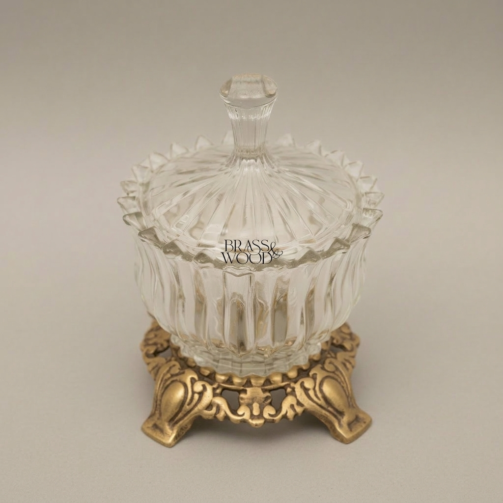 Rococo Ribbed Glass Bonbonniere with Ornate Brass Base — Antique Gold