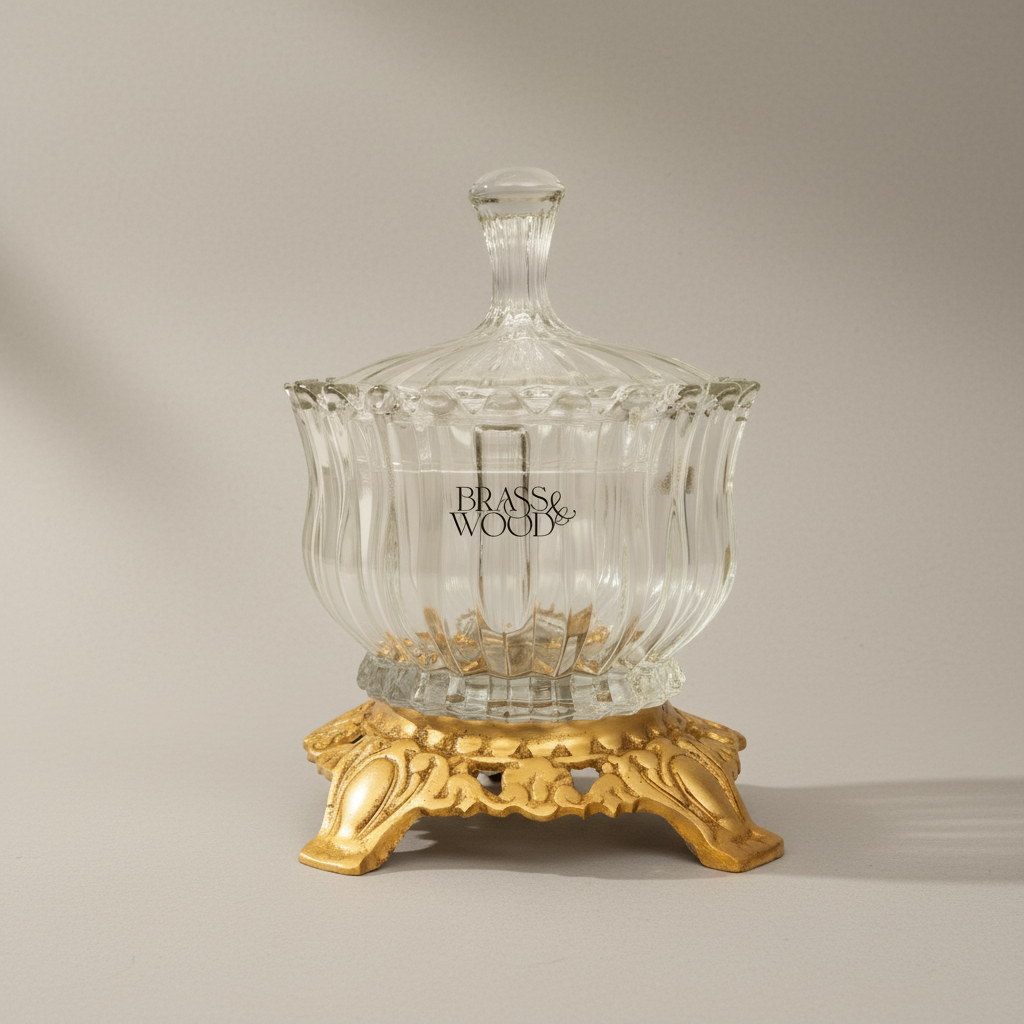 Rococo Ribbed Glass Bonbonniere with Ornate Brass Base — Gold