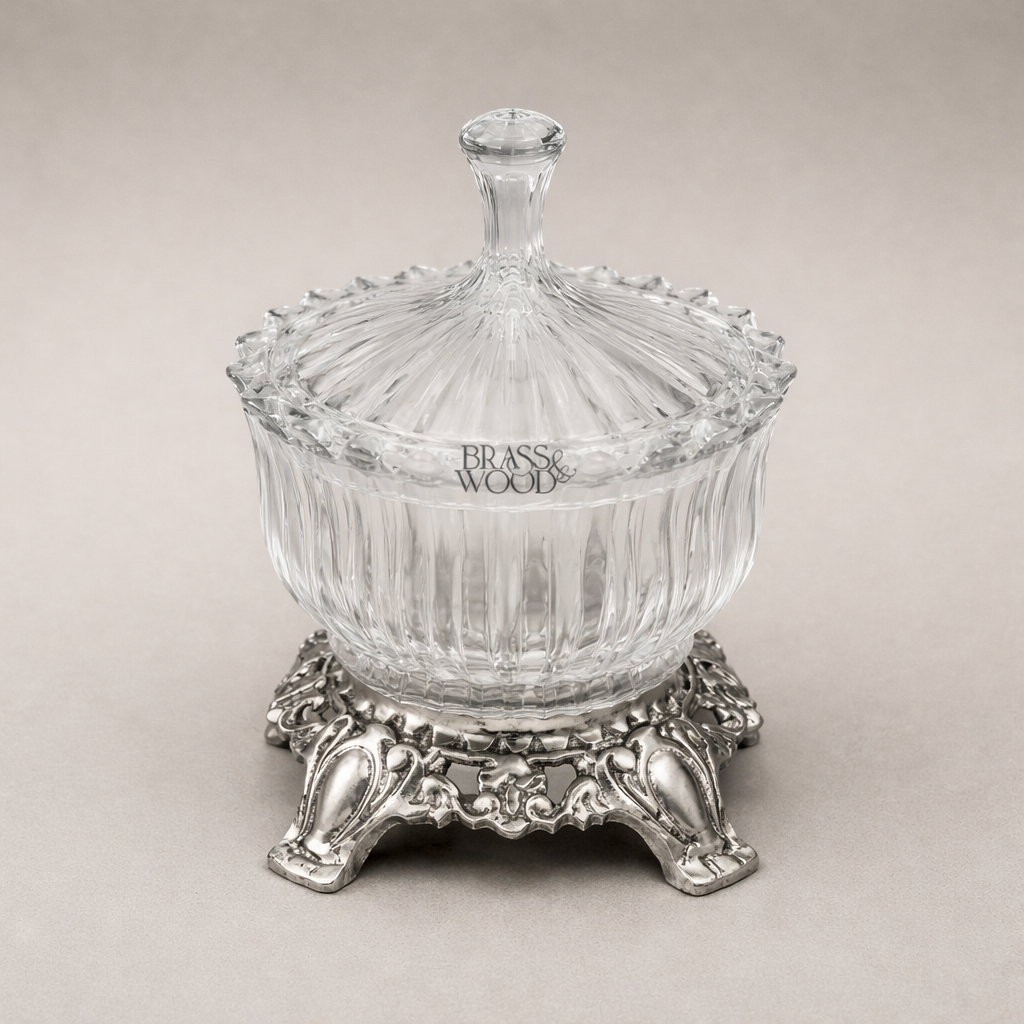 Rococo Ribbed Glass Bonbonniere with Ornate Brass Base — Silver