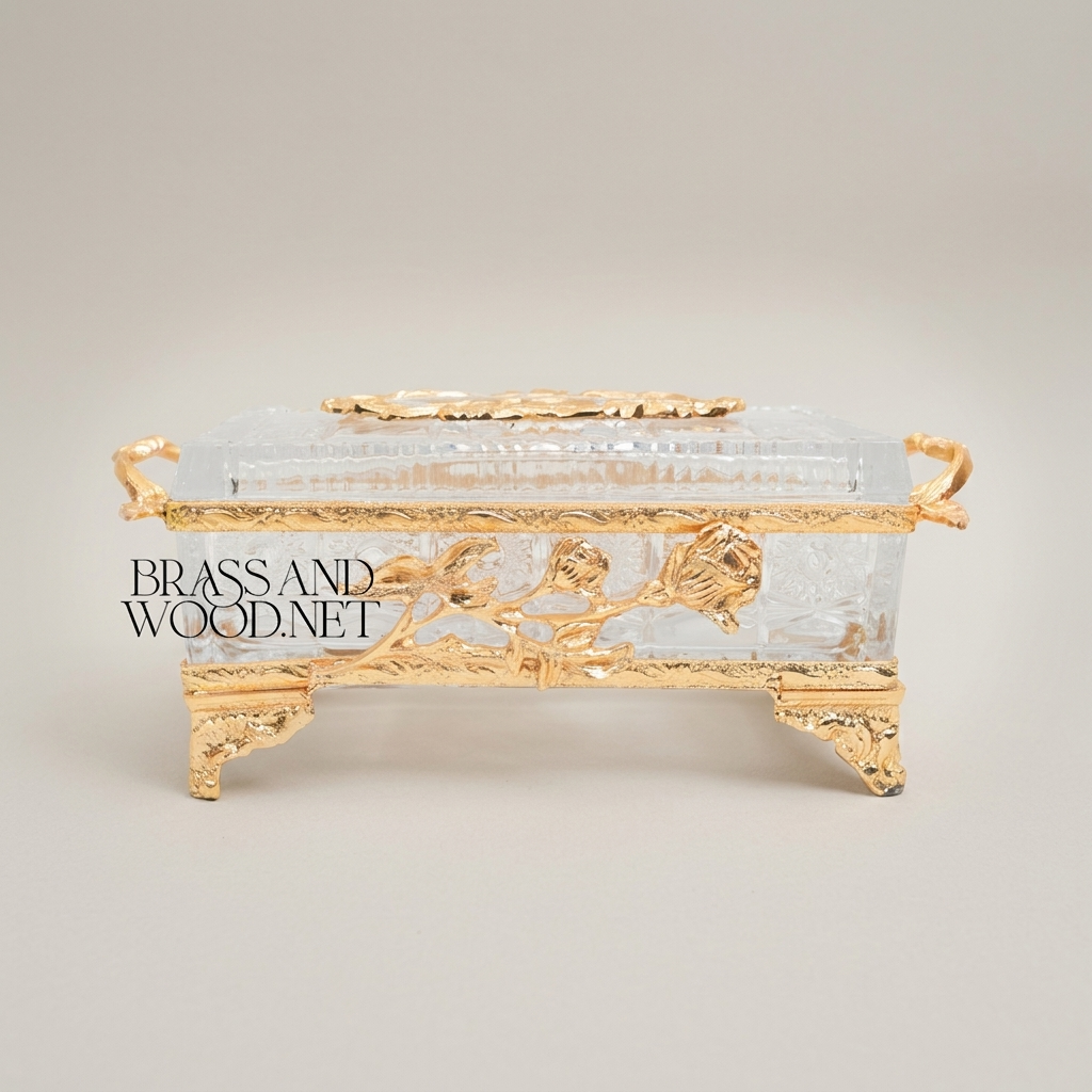 Rococo Rose-Relief Crystal Tissue Box Holder with Ornate Metal Frame — Gold