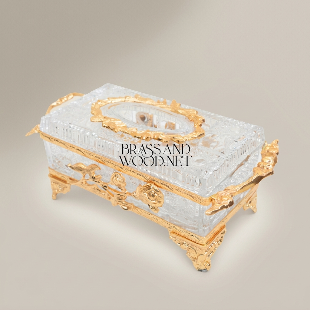 Rococo Rose-Relief Crystal Tissue Box Holder with Ornate Metal Frame — Gold