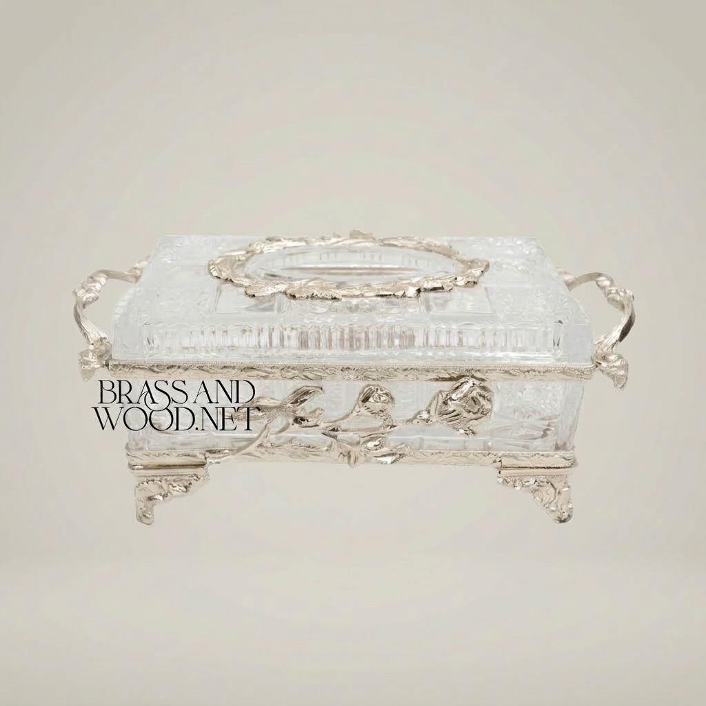 Rococo Rose-Relief Crystal Tissue Box Holder with Ornate Metal Frame