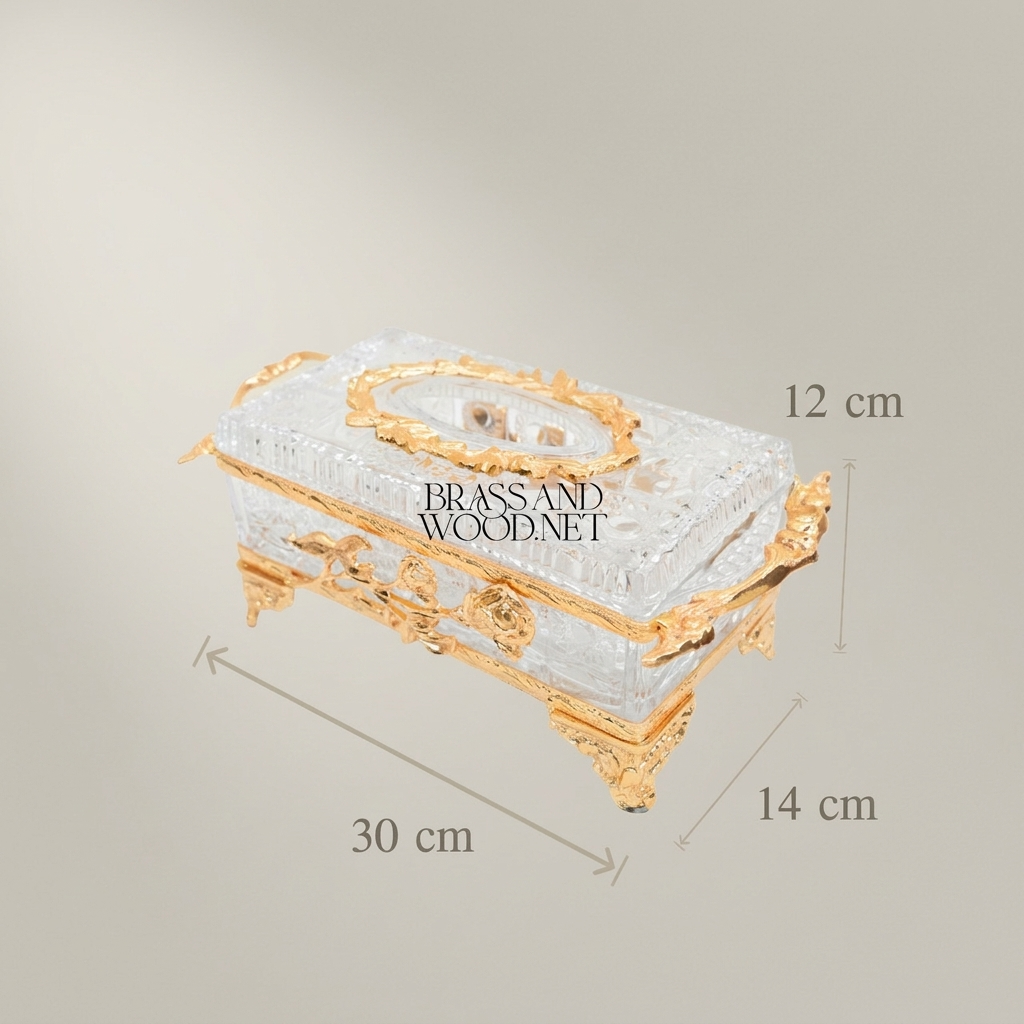 Rococo Rose-Relief Crystal Tissue Box Holder with Ornate Metal Frame — Gold