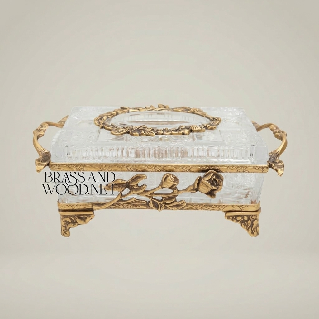 Rococo Rose-Relief Crystal Tissue Box Holder with Ornate Metal Frame — Antique Gold