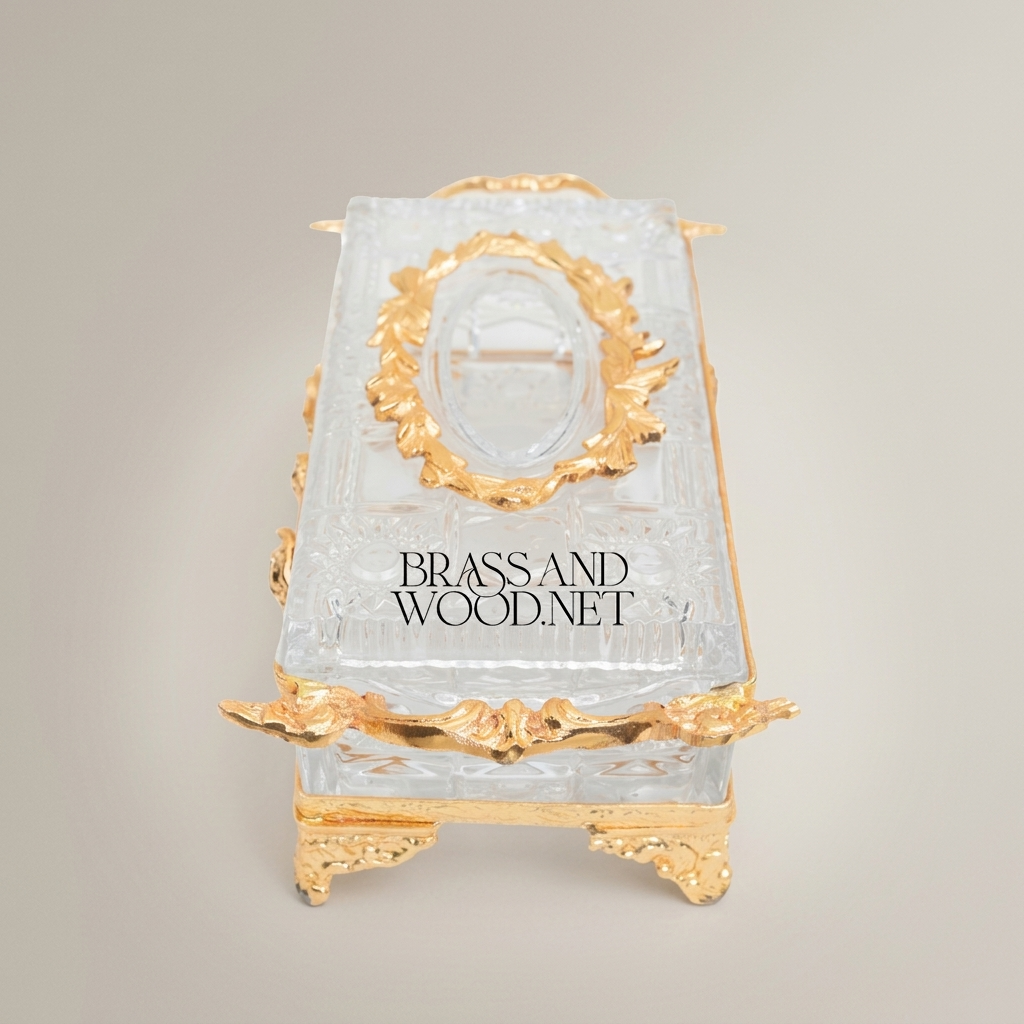 Rococo Rose-Relief Crystal Tissue Box Holder with Ornate Metal Frame — Gold