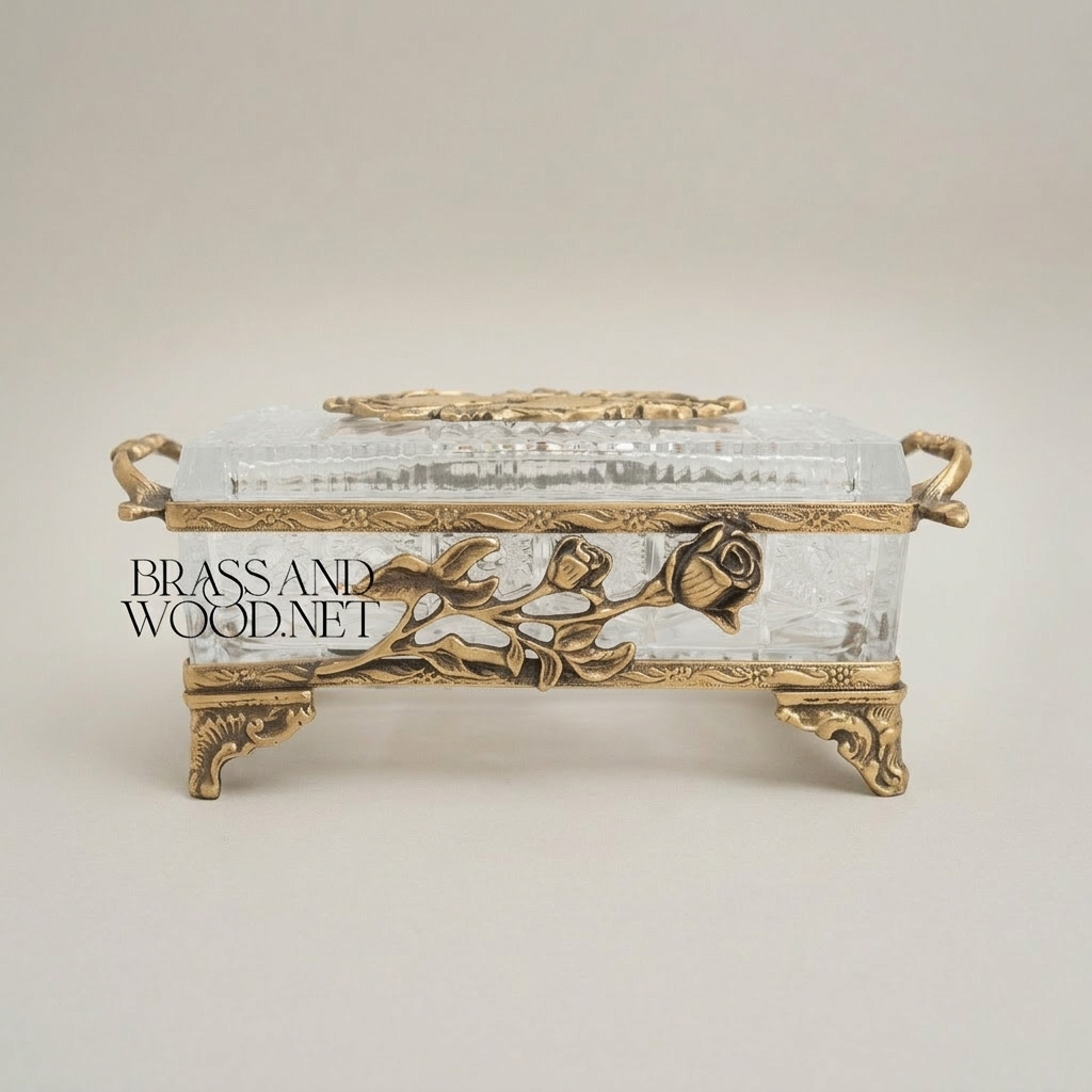 Rococo Rose-Relief Crystal Tissue Box Holder with Ornate Metal Frame — Antique Gold