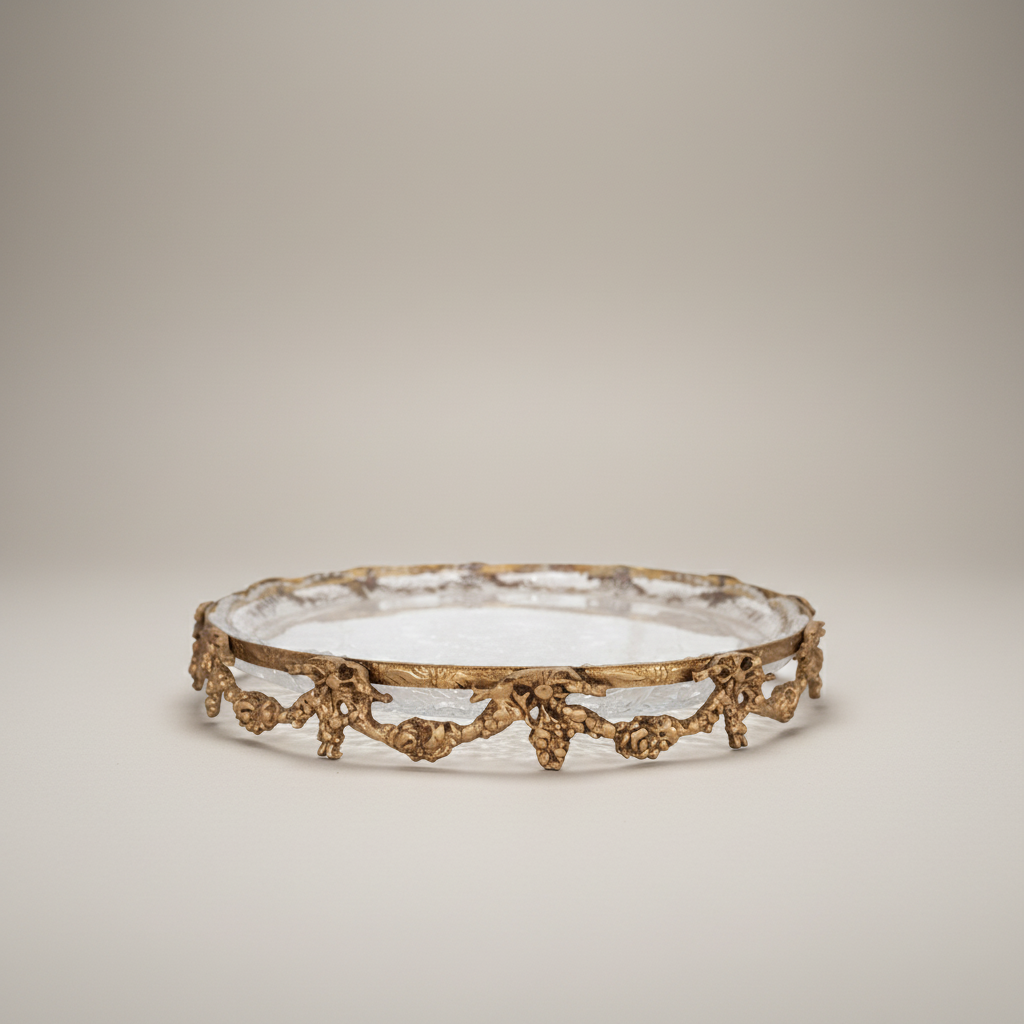 Rococo Round Cut-Glass Dish with Floral Brass Garland Frame