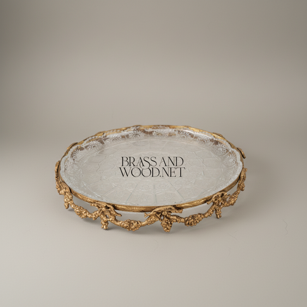 Rococo Round Cut-Glass Dish with Floral Brass Garland Frame — Antique Gold