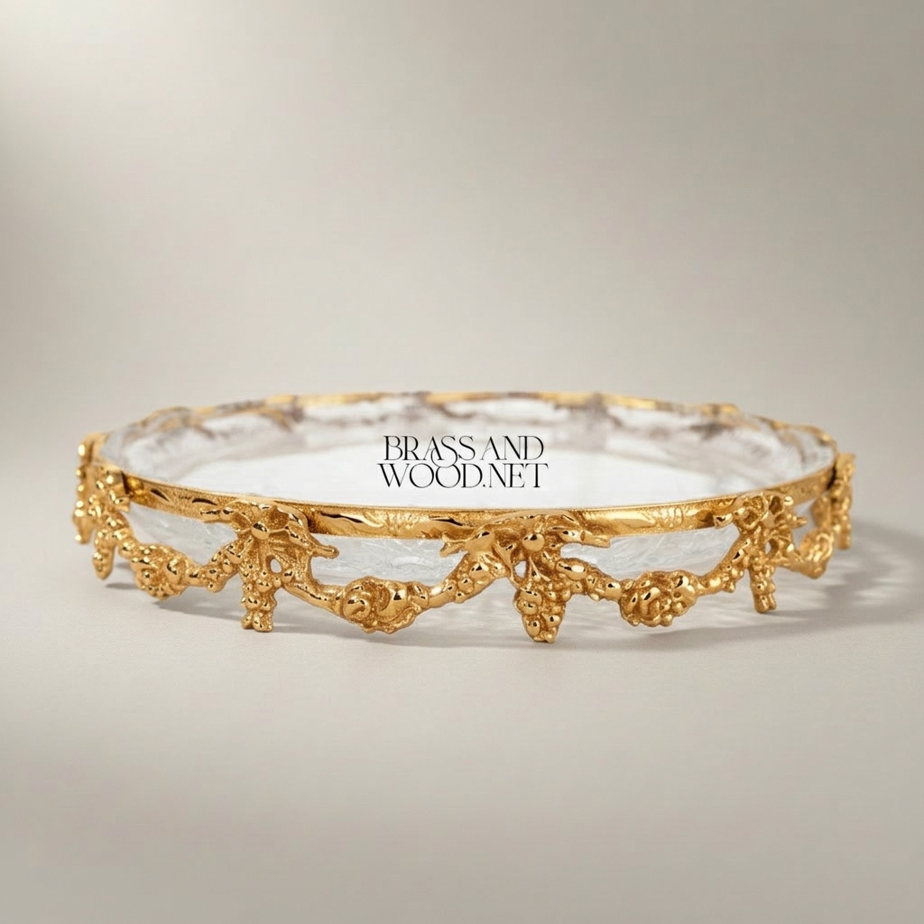 Rococo Round Cut-Glass Dish with Floral Brass Garland Frame — Gold