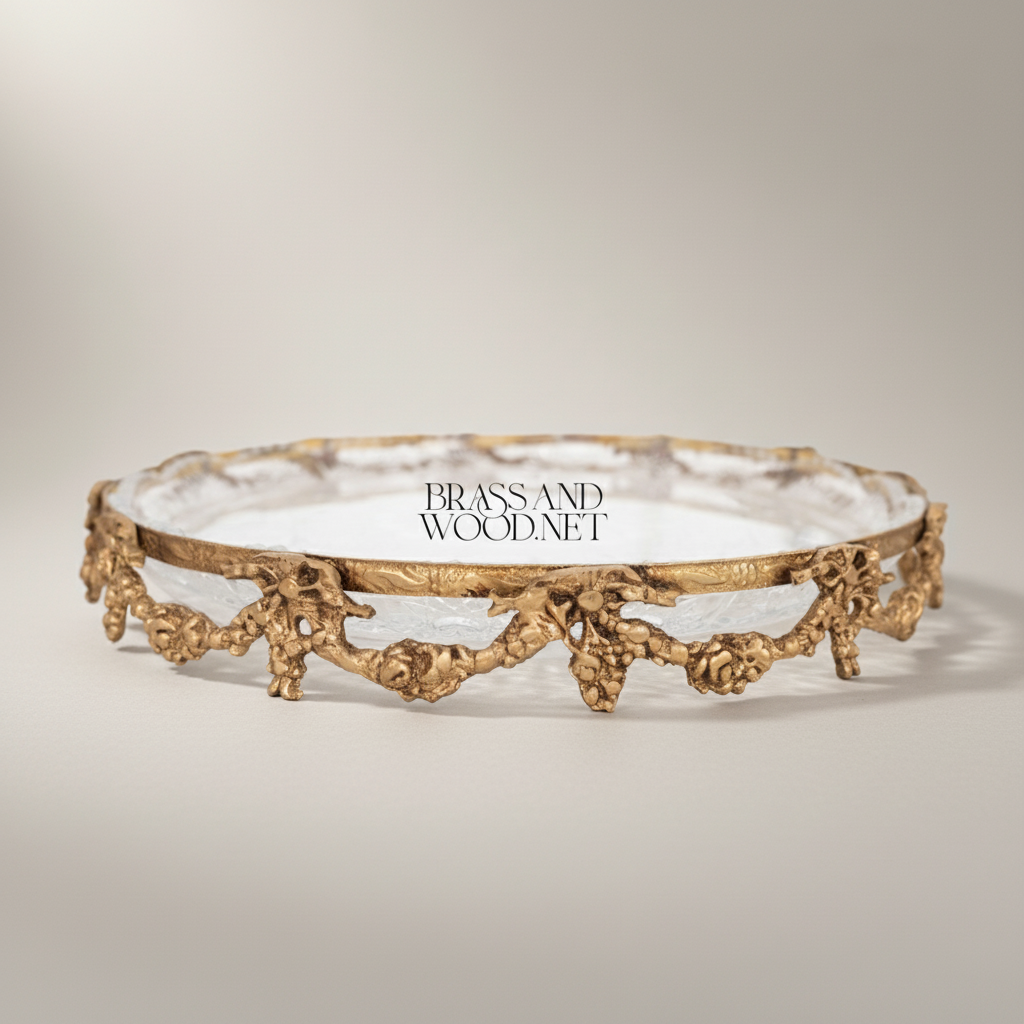 Rococo Round Cut-Glass Dish with Floral Brass Garland Frame — Antique Gold