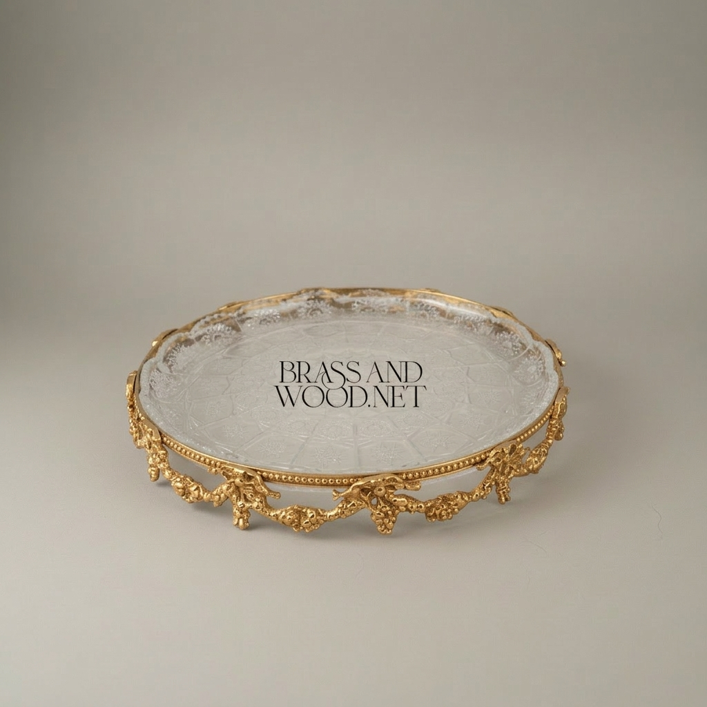 Rococo Round Cut-Glass Dish with Floral Brass Garland Frame — Gold