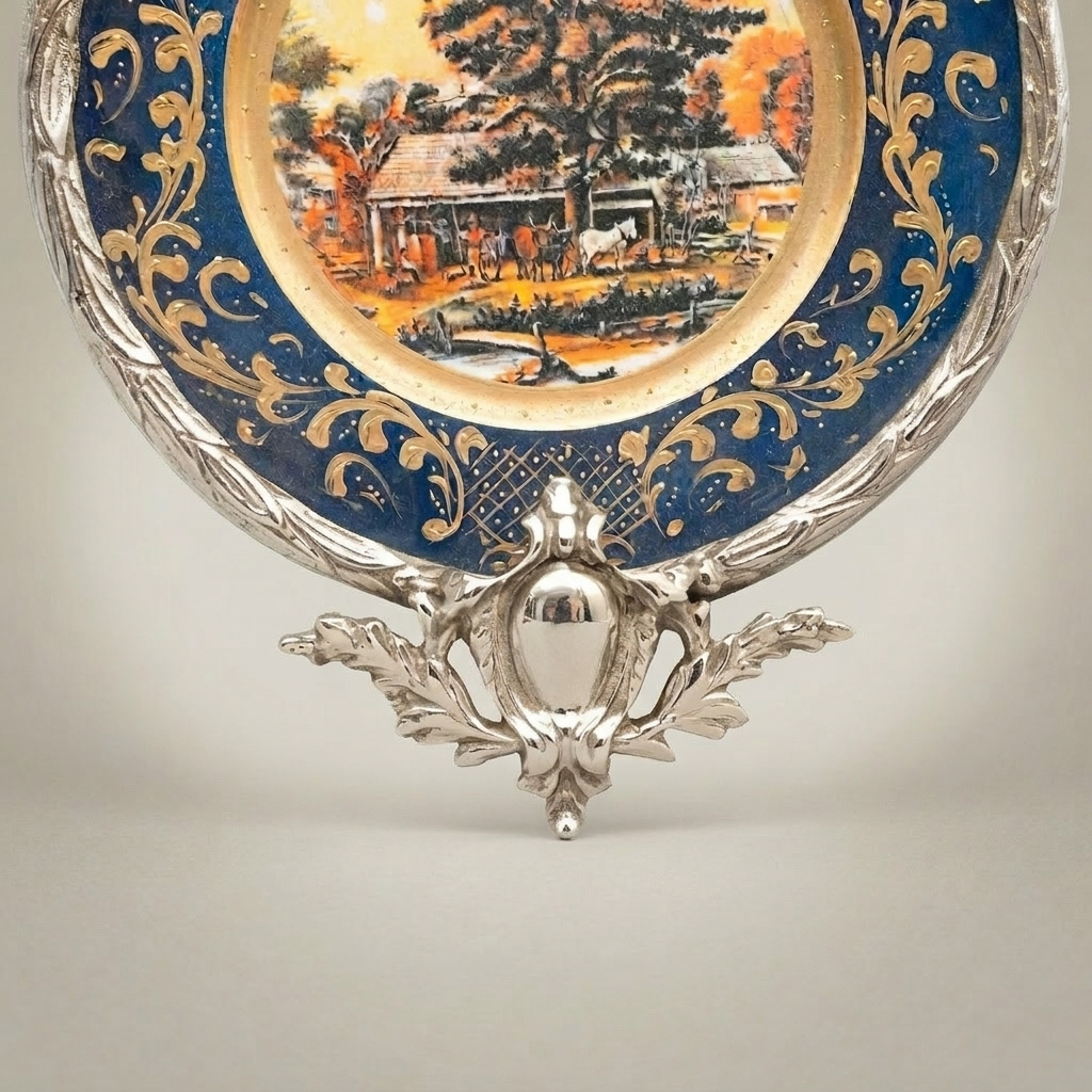 Rococo Scenic Porcelain Wall Plate with Gilt Bronze Acanthus Mount — Silver