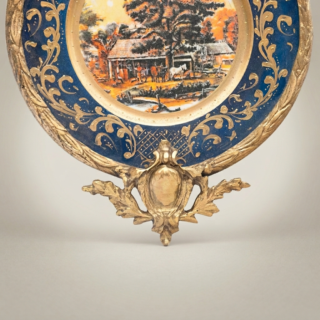 Rococo Scenic Porcelain Wall Plate with Gilt Bronze Acanthus Mount — Antique Gold