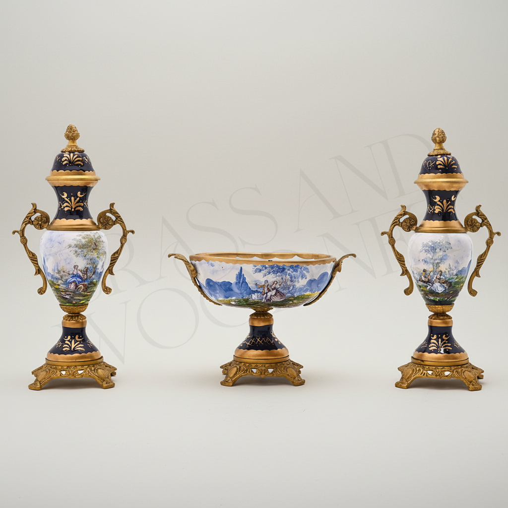 Rococo Sèvres-Style Ceramic & Brass Vase Garniture Set – Hand-Painted Pastoral Scenes — Antique Gold