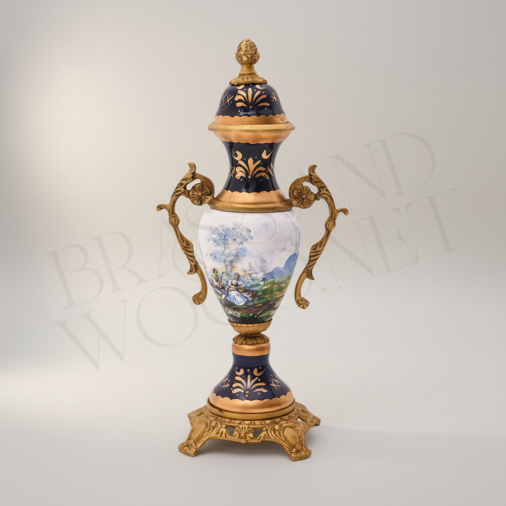 Rococo Sèvres-Style Ceramic & Brass Vase Garniture Set – Hand-Painted Pastoral Scenes — Antique Gold