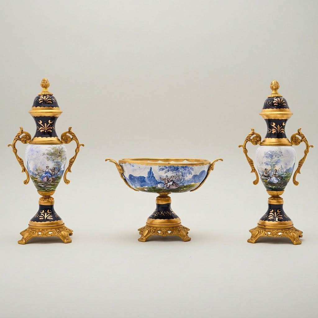 Rococo Sèvres-Style Ceramic & Brass Vase Garniture Set – Hand-Painted Pastoral Scenes