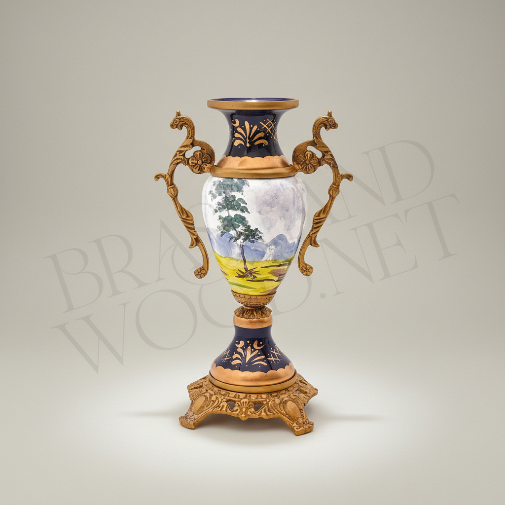 Rococo Sèvres-Style Ceramic & Brass Vase Garniture Set – Hand-Painted Pastoral Scenes — Antique Gold