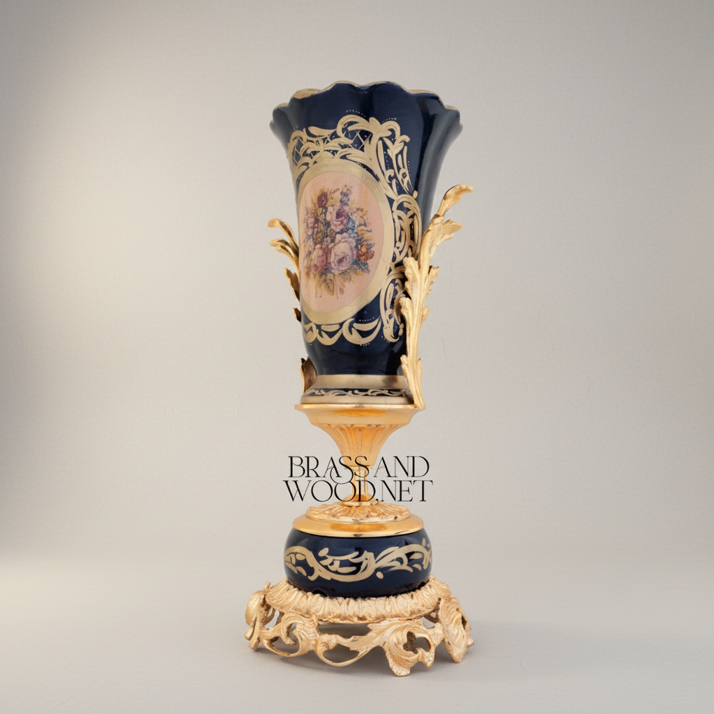 Rococo Sèvres-Style Navy Blue Ceramic Urn Vase with Floral Cartouche & Pierced Gilt Base