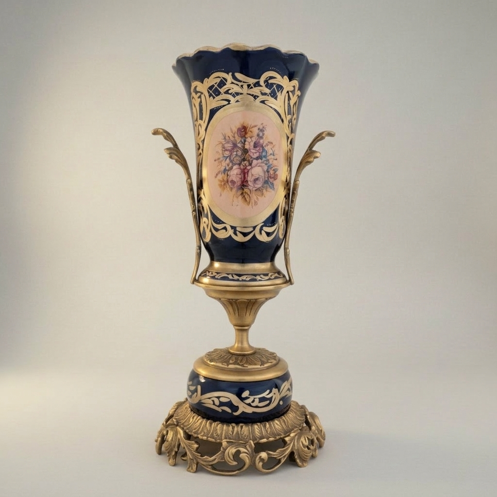 Rococo Sèvres-Style Navy Blue Ceramic Urn Vase with Floral Cartouche & Pierced Gilt Base — Antique Gold