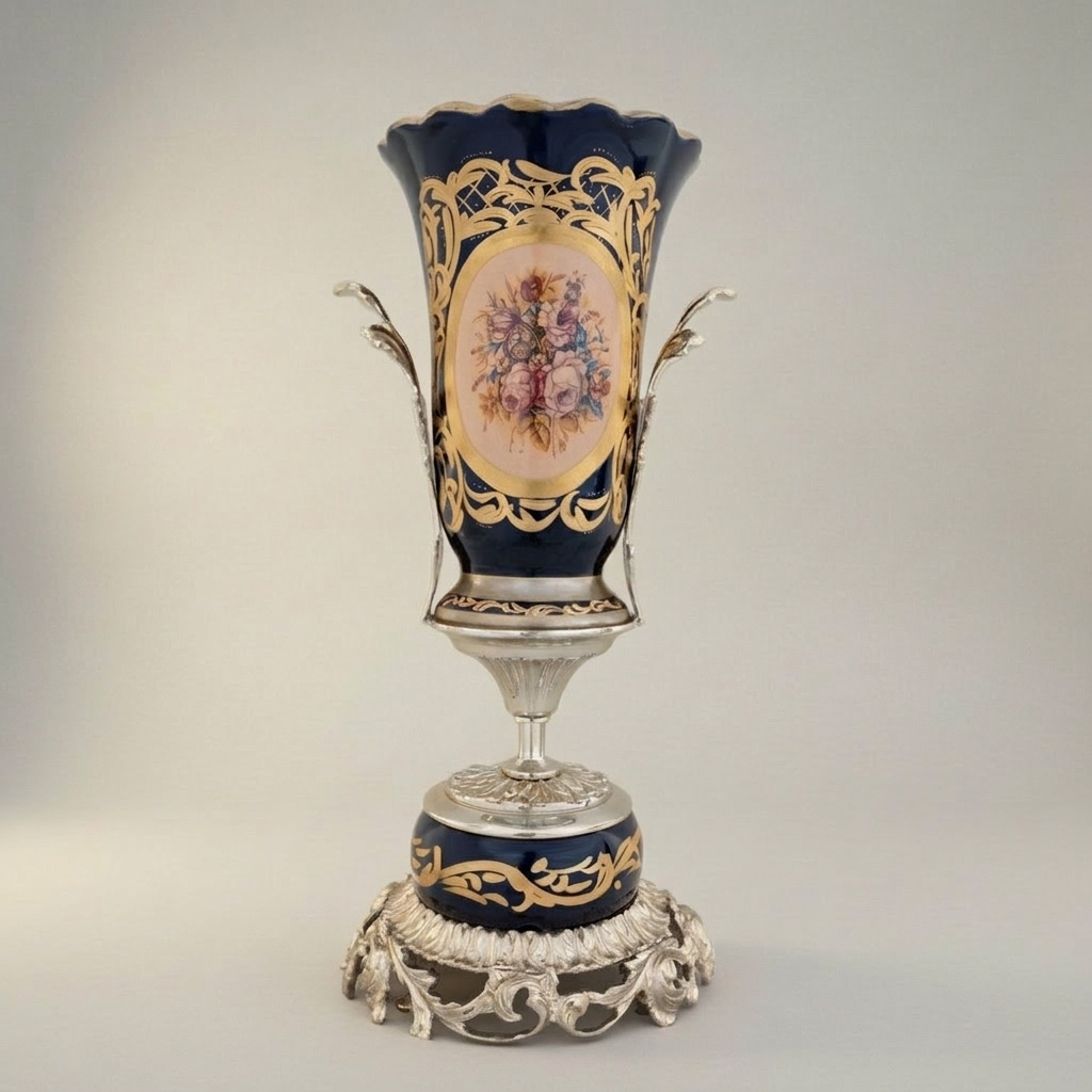 Rococo Sèvres-Style Navy Blue Ceramic Urn Vase with Floral Cartouche & Pierced Gilt Base — Silver