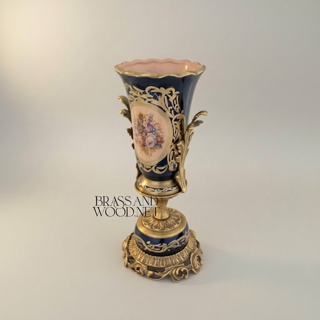 Rococo Sèvres-Style Navy Blue Ceramic Urn Vase with Floral Cartouche & Pierced Gilt Base — Antique Gold