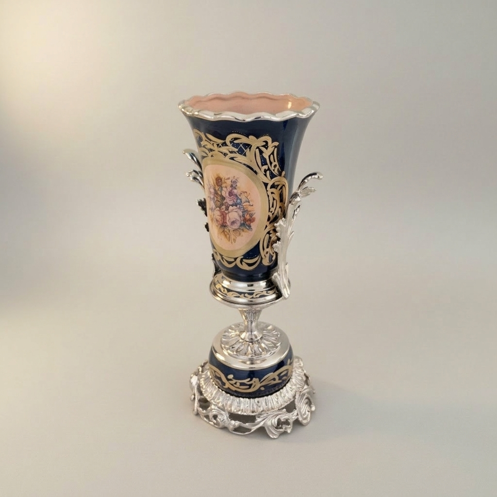 Rococo Sèvres-Style Navy Blue Ceramic Urn Vase with Floral Cartouche & Pierced Gilt Base — Silver