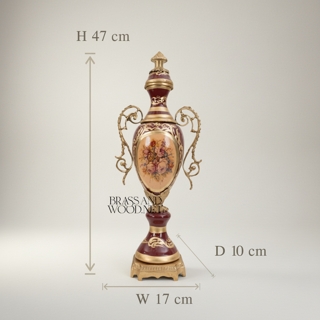 Rococo Sèvres-Style Ceramic & Brass Garniture Set - Burgundy Floral Medallion — Antique Gold