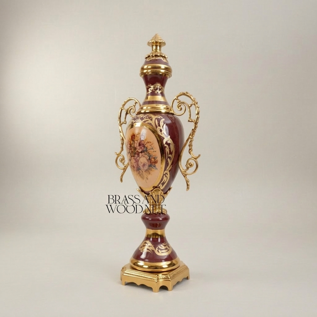 Rococo Sèvres-Style Ceramic & Brass Garniture Set - Burgundy Floral Medallion — Gold