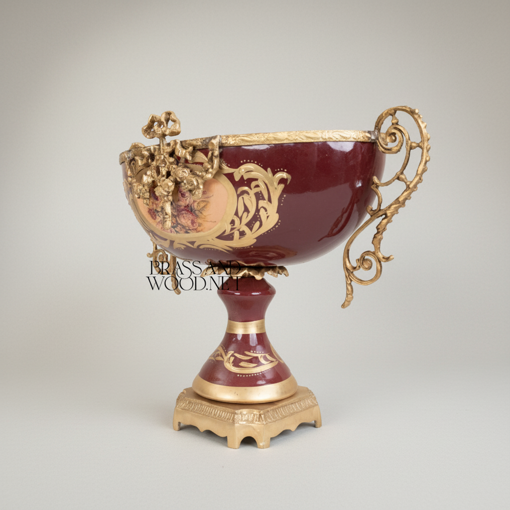 Rococo Sèvres-Style Ceramic & Brass Garniture Set - Burgundy Floral Medallion — Antique Gold