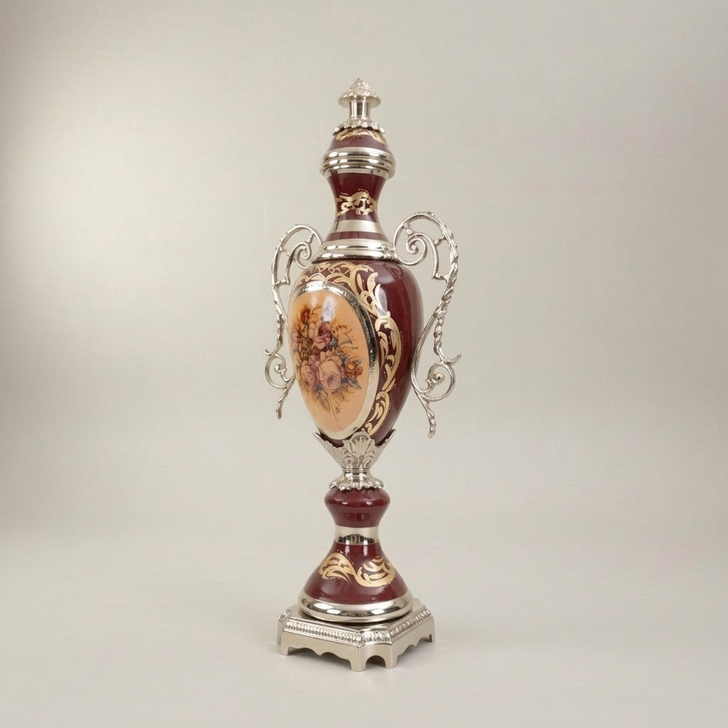 Rococo Sèvres-Style Ceramic & Brass Garniture Set - Burgundy Floral Medallion — Silver