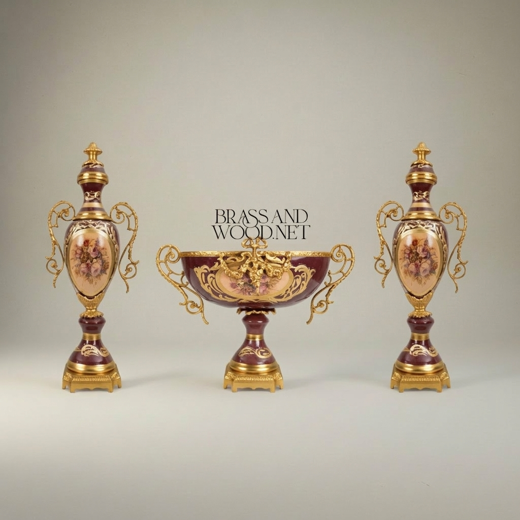 Rococo Sèvres-Style Ceramic & Brass Garniture Set - Burgundy Floral Medallion