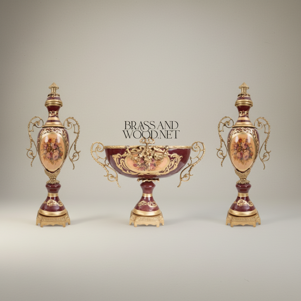 Rococo Sèvres-Style Ceramic & Brass Garniture Set - Burgundy Floral Medallion — Antique Gold