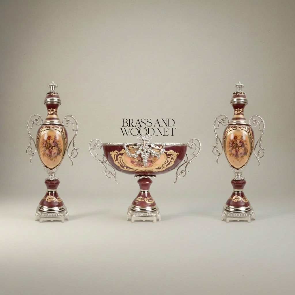 Rococo Sèvres-Style Ceramic & Brass Garniture Set - Burgundy Floral Medallion — Silver