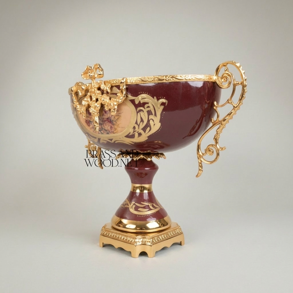 Rococo Sèvres-Style Ceramic & Brass Garniture Set - Burgundy Floral Medallion