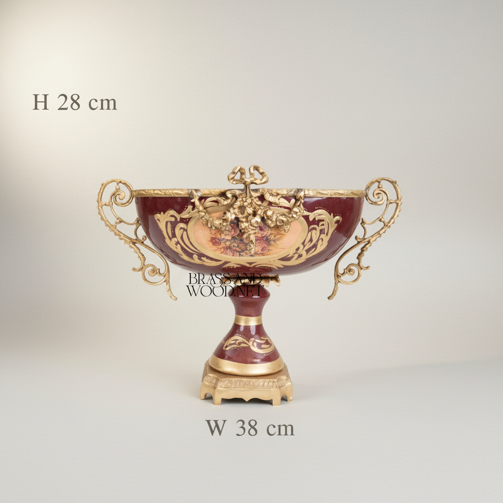 Rococo Sèvres-Style Ceramic & Brass Garniture Set - Burgundy Floral Medallion — Antique Gold