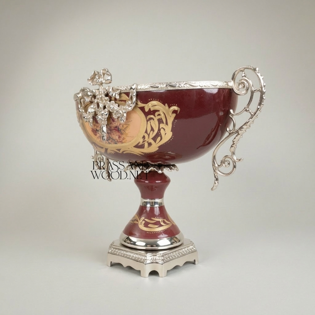 Rococo Sèvres-Style Ceramic & Brass Garniture Set - Burgundy Floral Medallion — Silver