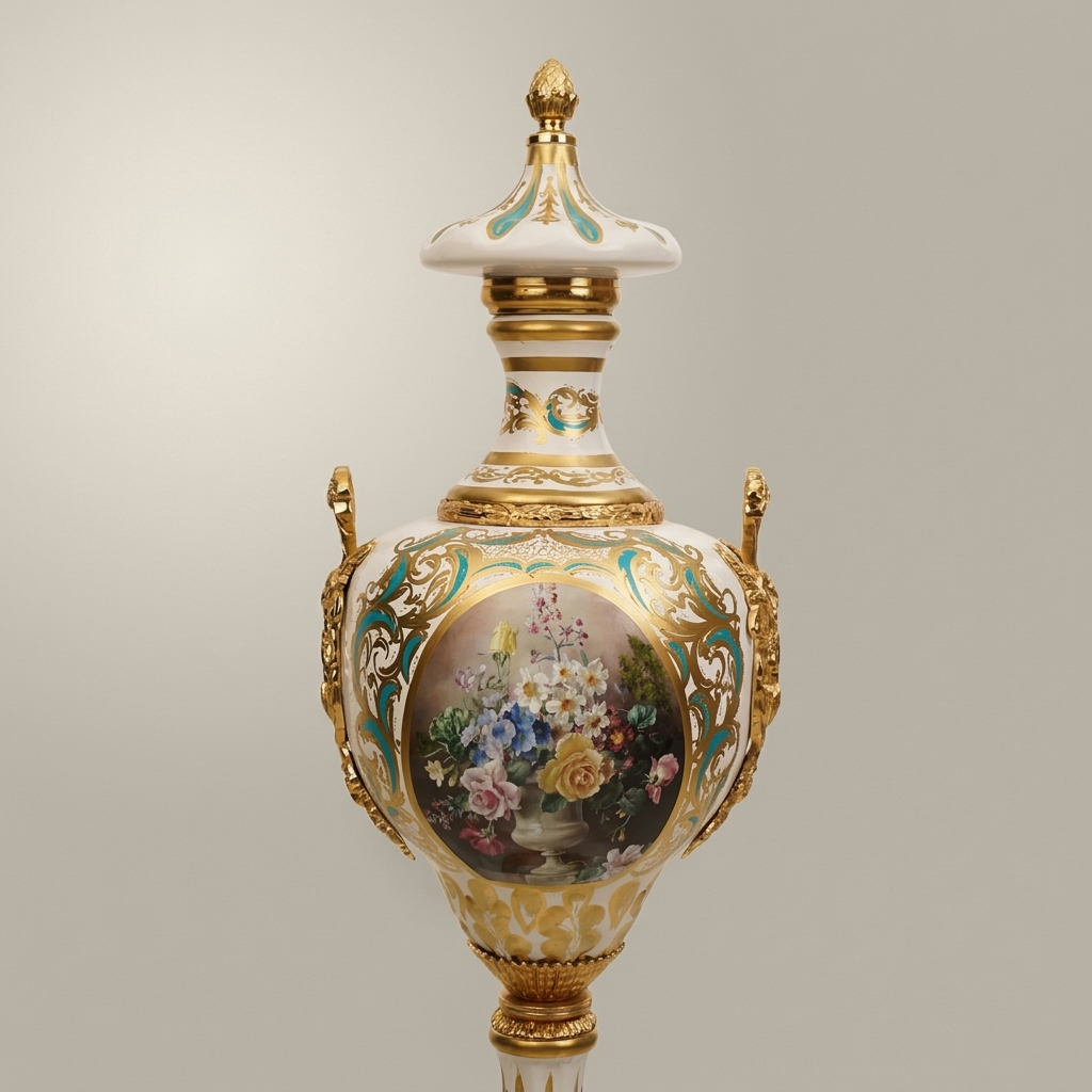 Rococo Sèvres-Style Lidded Ceramic Urn Vase with Hand-Painted Floral Medallion & Brass Mounts