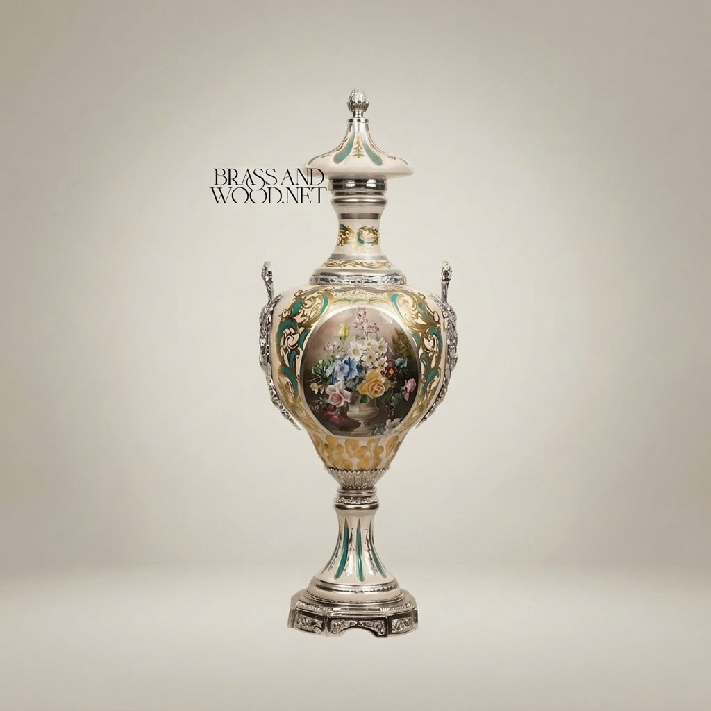 Rococo Sèvres-Style Lidded Ceramic Urn Vase with Hand-Painted Floral Medallion & Brass Mounts — Silver