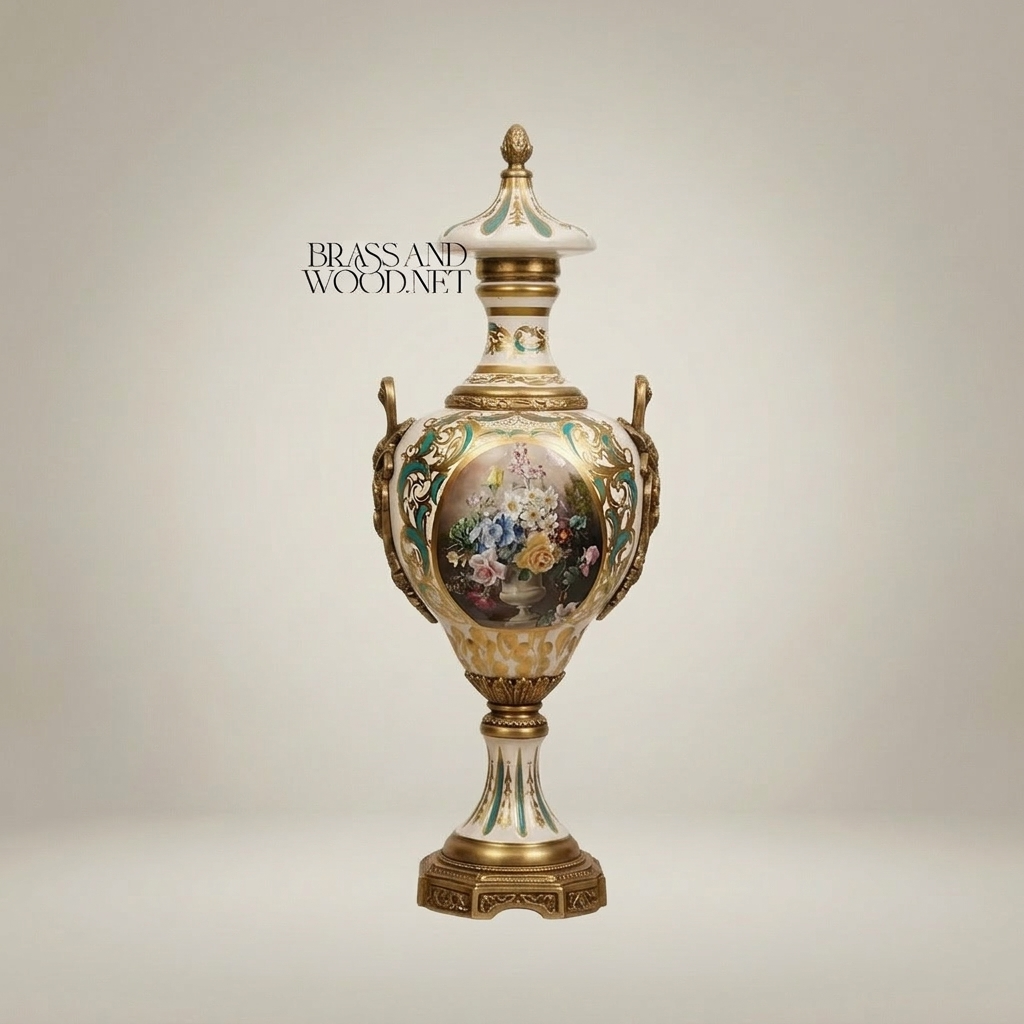 Rococo Sèvres-Style Lidded Ceramic Urn Vase with Hand-Painted Floral Medallion & Brass Mounts — Antique Gold