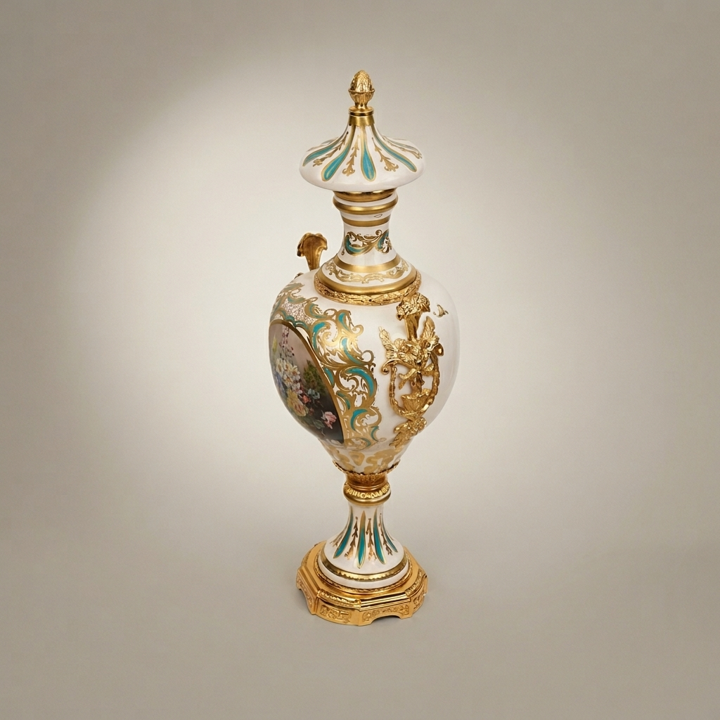 Rococo Sèvres-Style Lidded Ceramic Urn Vase with Hand-Painted Floral Medallion & Brass Mounts