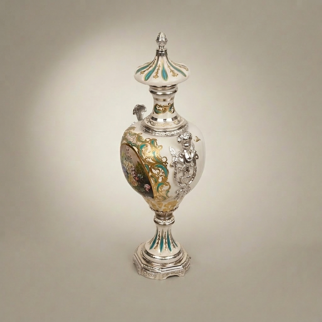 Rococo Sèvres-Style Lidded Ceramic Urn Vase with Hand-Painted Floral Medallion & Brass Mounts — Silver