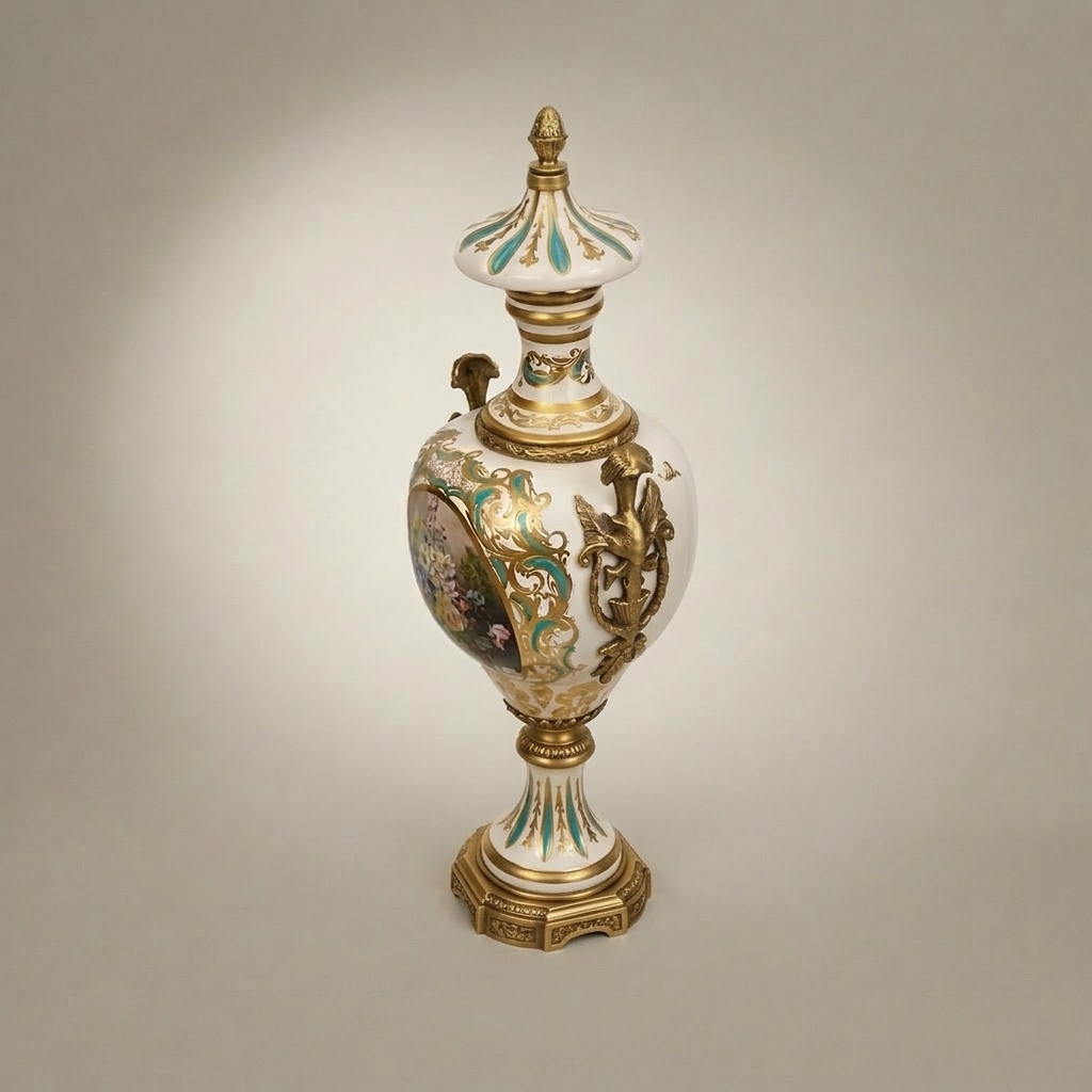 Rococo Sèvres-Style Lidded Ceramic Urn Vase with Hand-Painted Floral Medallion & Brass Mounts — Antique Gold