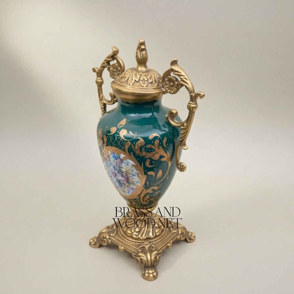 Rococo Sèvres-Style Porcelain & Gilt Brass 3-Piece Garniture Set — Floral Medallion Urns & Display Plate — Antique Gold