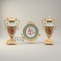 Rococo Sèvres-Inspired Turquoise Ceramic & Brass Urn Vase and Display Plate 3-Piece Set — Gold