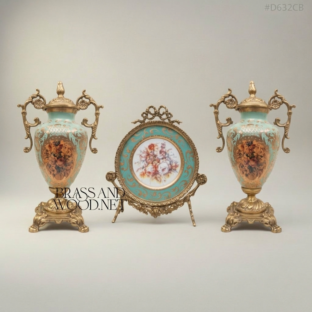 Rococo Sèvres-Inspired Turquoise Ceramic & Brass Urn Vase and Display Plate 3-Piece Set — Antique Gold